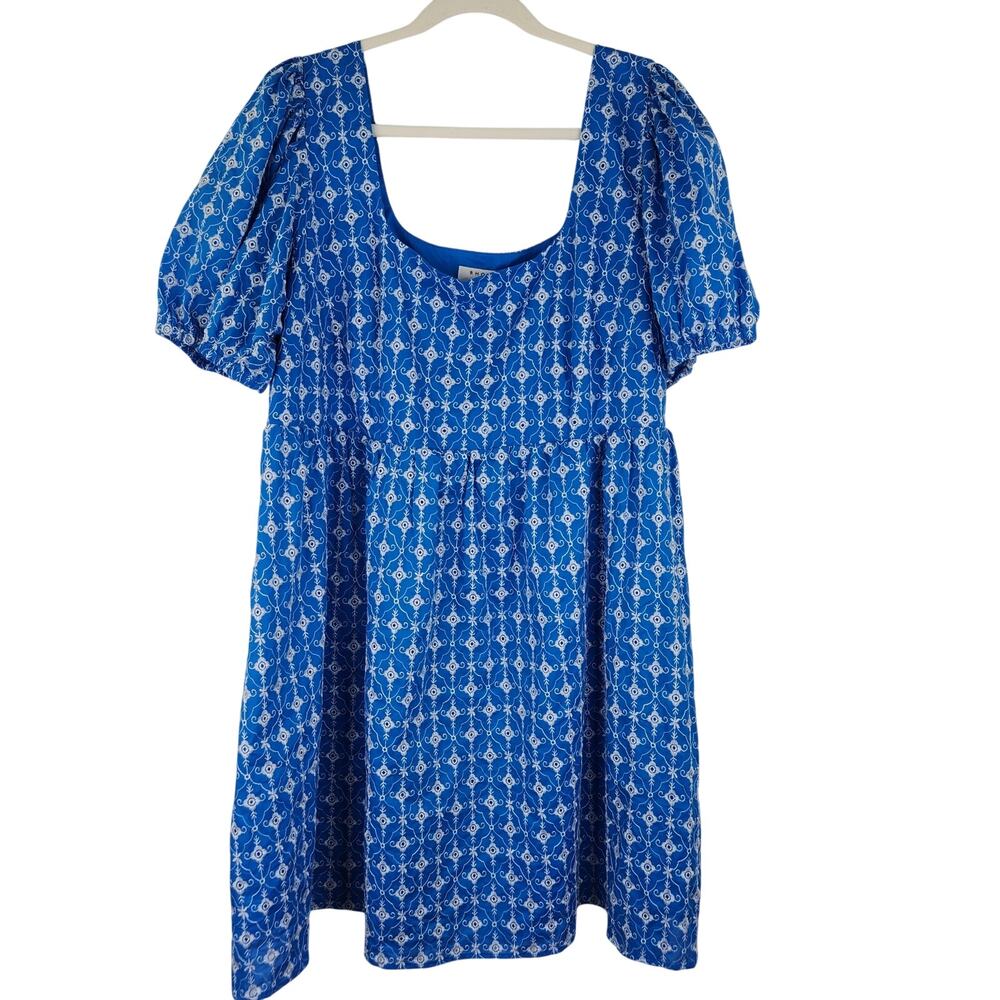 Rhode Target Blue White Embroidered Boho Babydoll Dress Puff Sleeves Women's 1X